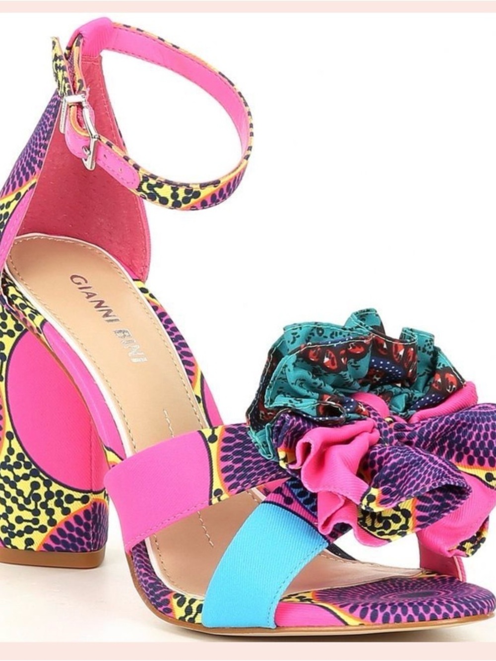Gianni Bini Pink Turquoise Multi Floral-Ruffle Ankle Strap Heel